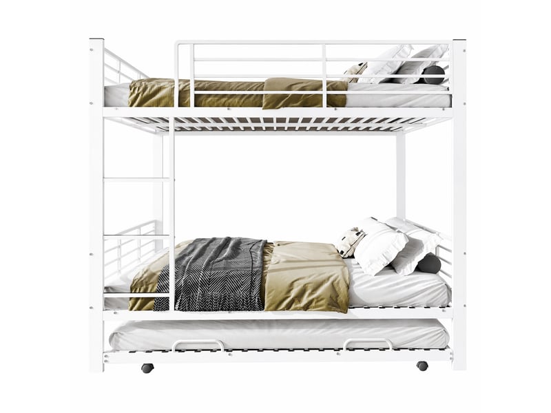  Lit superposé métal blanc 140x200 cm avec lit gigogne, 3 couchages et structure robuste  - Conforama A