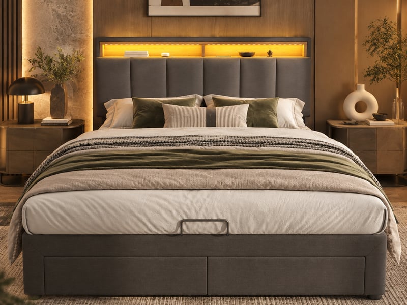  Lit coffre 140x190 avec sommier led, lit double hydraulique avec 2 tiroirs rangement et tête de lit réglable, gris lin  - Conforama B
