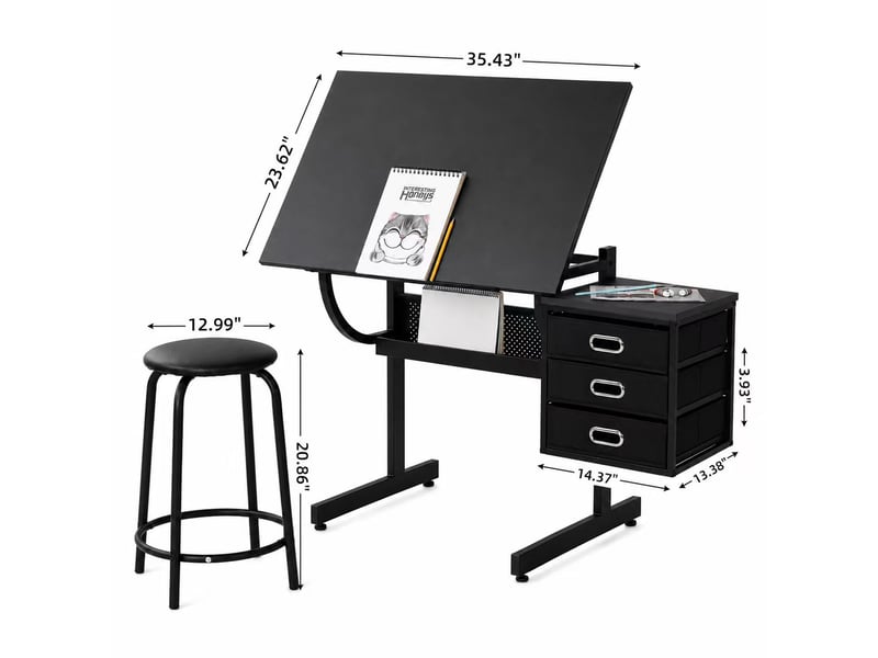 Table à dessin noire avec tabouret et 3 tiroirs de rangement, bureau créatif - Conforama C