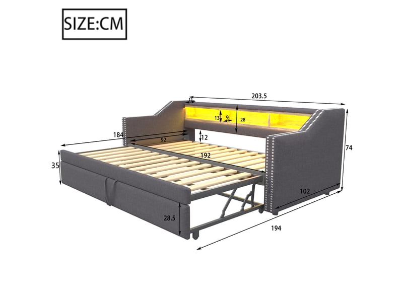Lit banquette gigogne 90-180x190 cm avec led et rangement, lin, gris foncé, sans matelas - Conforama D