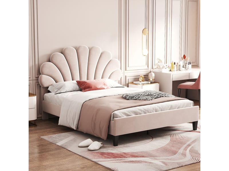  Lit adulte 140 × 200 cm 2 places avec tête de lit fleurie, sans matelas, en velours, beige  - Conforama B