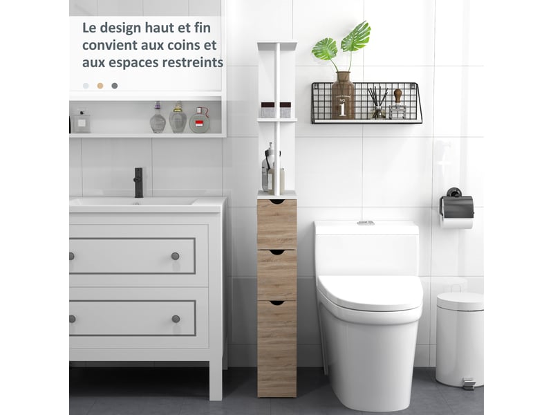  Meuble colonne salle de bain armoire de salle de bain avec tiroirs étagères placard ouvertes 15 x 33 x 136,8 cm blanc  - Conforama E