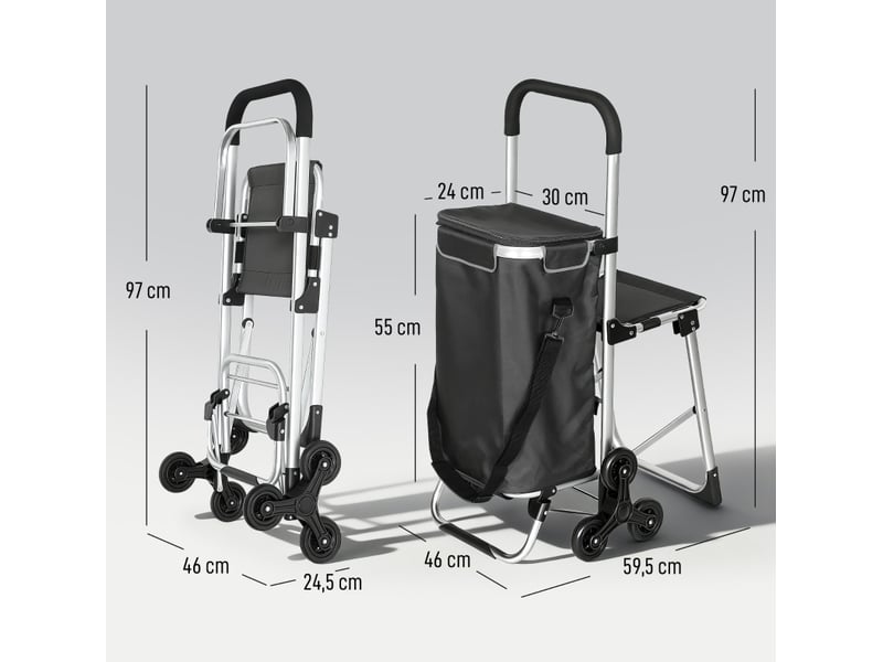  Chariot de courses 59,5 x 46 x 97 cm – gris foncé – 40 l, 3 roues monte-escaliers avec siège pliant  - Conforama C