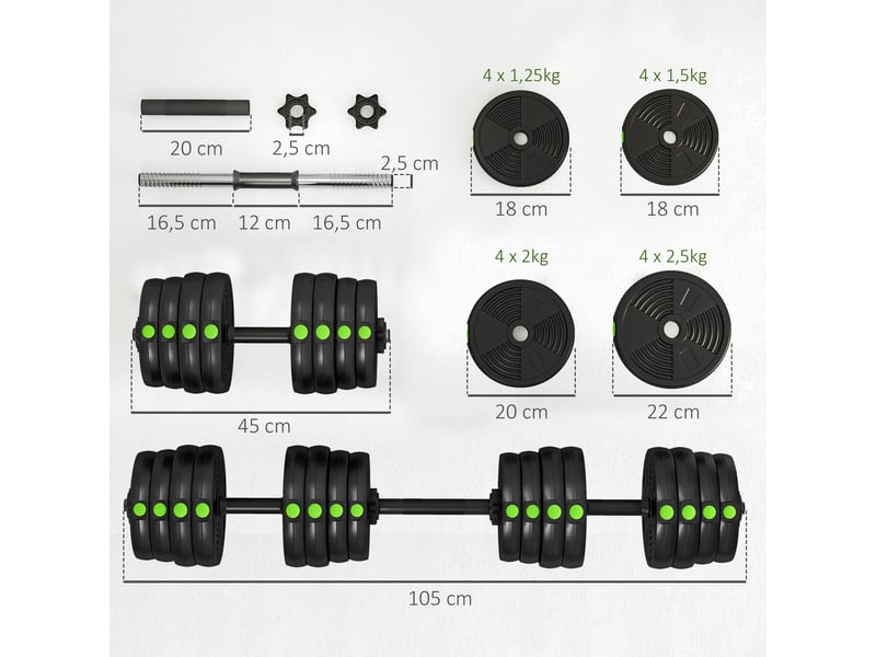  Ensemble d'haltères 2 en 1 (barre et haltères), 30 kg, antidérapant, respectueux des sols, noirvert  - Conforama E