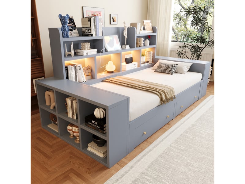  Lit gigogne 1 à 2 places 90×200 cm extensible 180×200 cm, tiroirs - okmyhome- led, prises et rangements, sans matelas, gris  - Conforama B