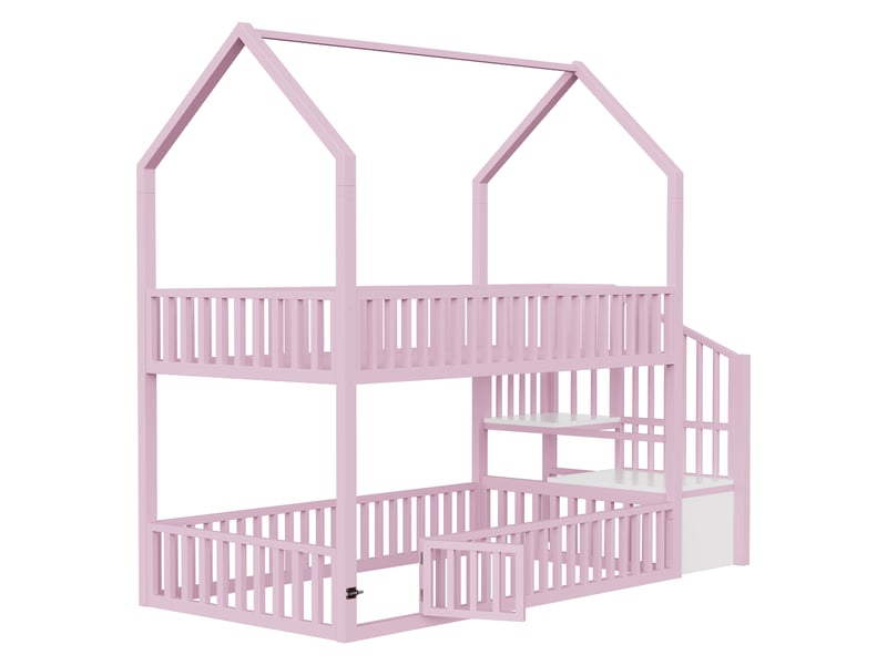  Lit superposé cabane enfant 90 x 200 cm avec escalier de rangement, garde-corps et petite porte sur le lit inférieur en métal rose sans matelas  - Conforama W