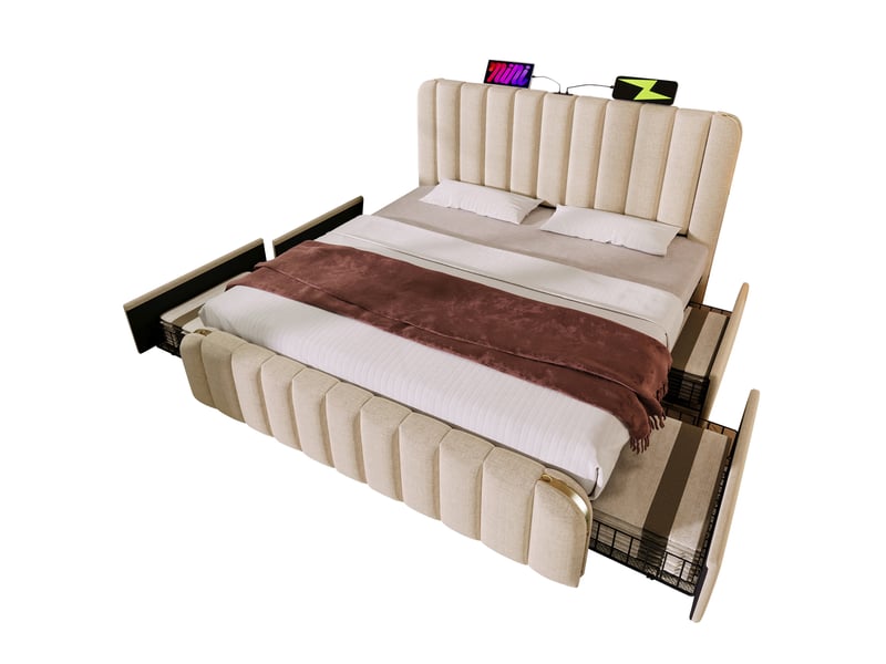  Lit double 180x200 cm avec 4 tiroirs et ports usb et type c en lin beige  - Conforama A