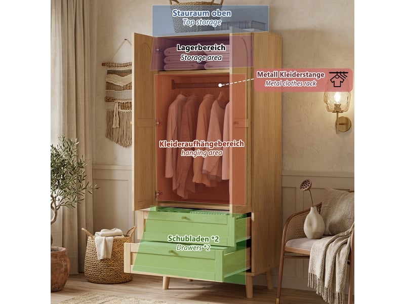 Armoire avec penderie, étagères et 2 tiroirs, façades effet rotin, pour chambre et entrée, mdf, 80×50×180 cm, naturel - Conforama E