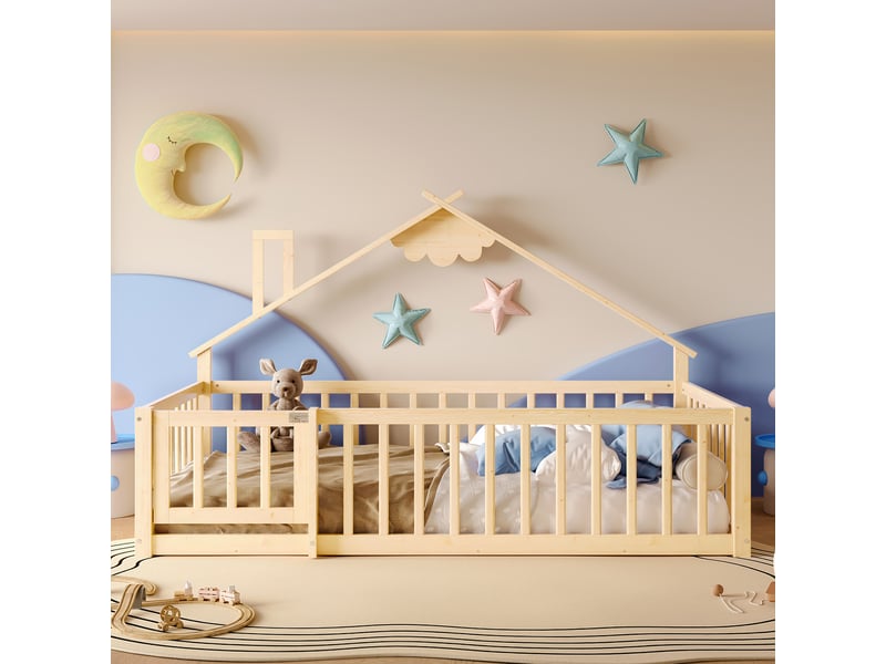  Lit simple plat, 90 x 190 cm, barrière de sécurité, barrière avec verrou, bois de pin, naturel  - Conforama B