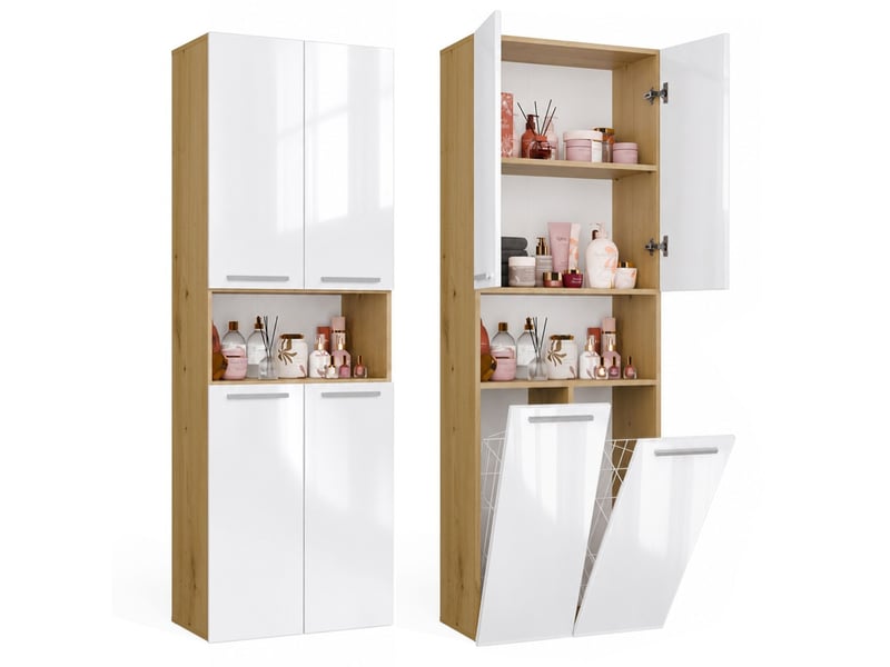Nel 2k dk meuble de salle de bain - 3 étagères, 2 paniers à linge - 60x174x30 cm - chêne artisan blanc brillant - Conforama A