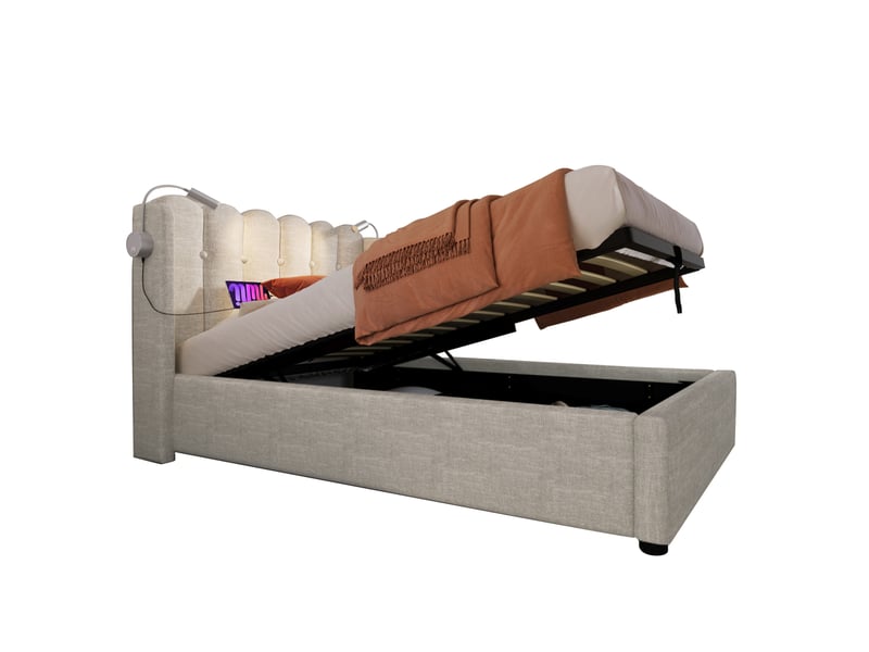  Modenvie lit coffre 90x200 cm - avec rangement intégré, liseuse et ports usb, sans matelas - naturel  - Conforama A
