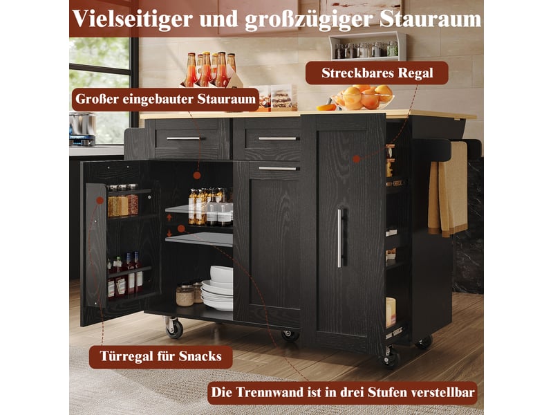 Desserte cuisine, îlot central sur roulettes avec plan de travail, plateau extensible, dimensions 110 x 46 x 90,5 cm, mdf, noir - Conforama E