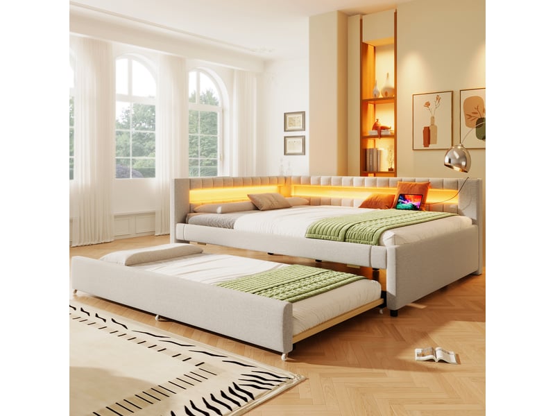  Banquette-lit 140*200cm, cadre lin et mdf, éclairage led, couchage extensible, usb-c, sans matelas, beige  - Conforama B