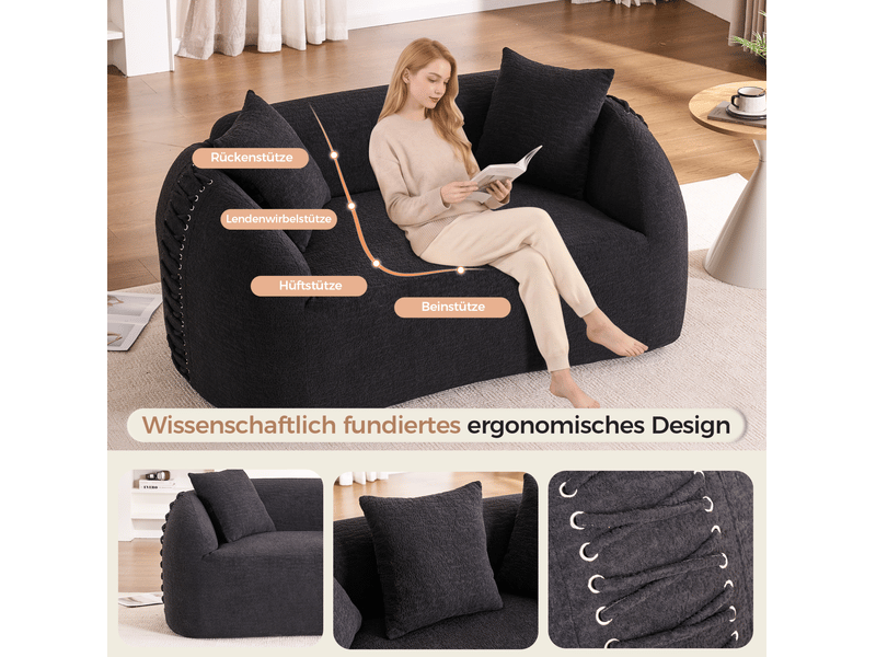  Canapé droit moderne 2 places 155x90x67 cm compressé incurvé, pour salon, contemporain, mousse et tissu chenille, noir  - Conforama D
