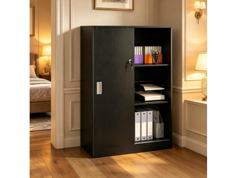  Armoire à documents noire 80 x 40 x 120 cm avec portes coulissantes verrouillables  - Conforama B