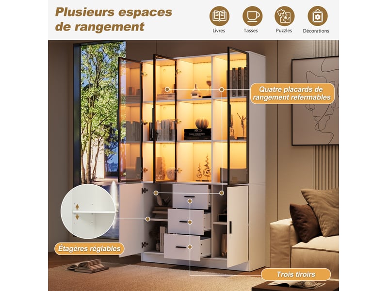  Vitrine haute 120x30x200 cm – blanc mat – 5 portes, 3 tiroirs et éclairage led rgb bluetooth intégré  - Conforama E