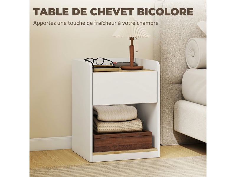  Table de chevet moderne, table de nuit avec tiroir à glissières, niche, plateau, passe-câbles, 42x37x55cm, blanc chêne  - Conforama R