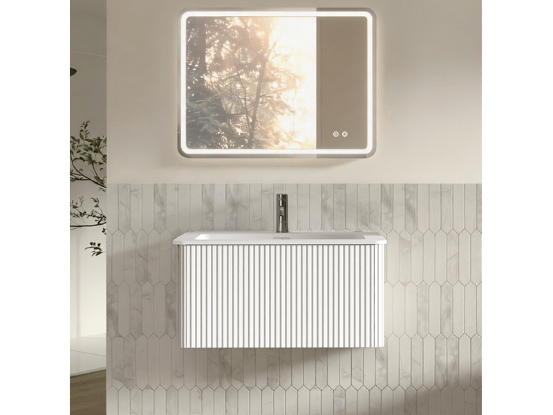  Meuble sous vasque suspendu avec 1 tiroir et miroir led antibuée réglable pour salle de bain blanc 81 × 46,5 × 37 cm  - Conforama B