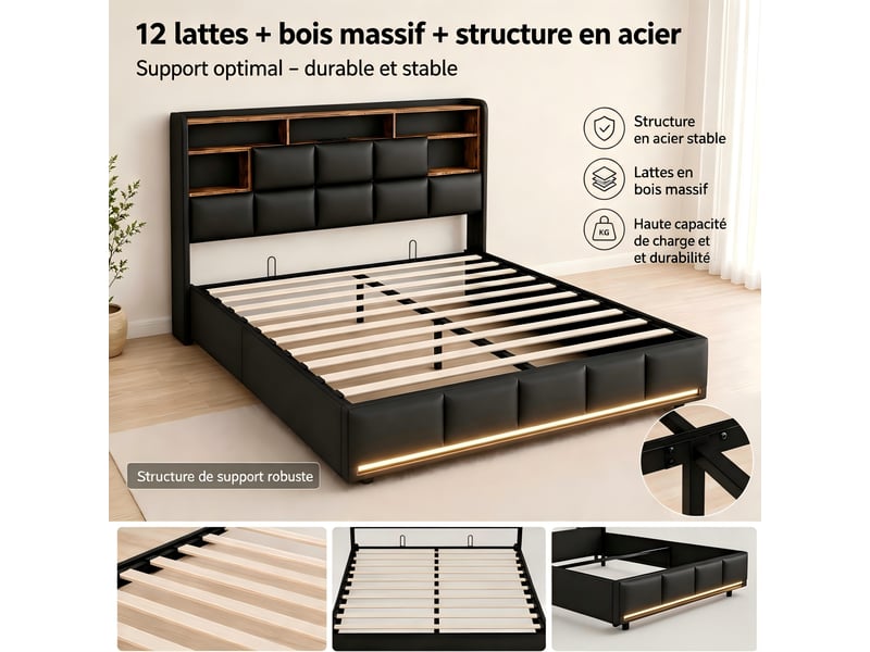  Kefsr lit coffre 160x200 cm, lit double adulte capitonné en similicuir avec led rgb, tête de lit rangement et ports de charge, noir  - Conforama W