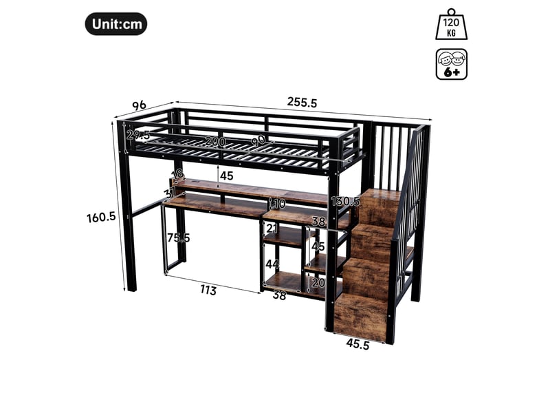 Lit mezzanine 90 x 200 cm en métal et mdf, rangements, led, usb-c, noir - Conforama C