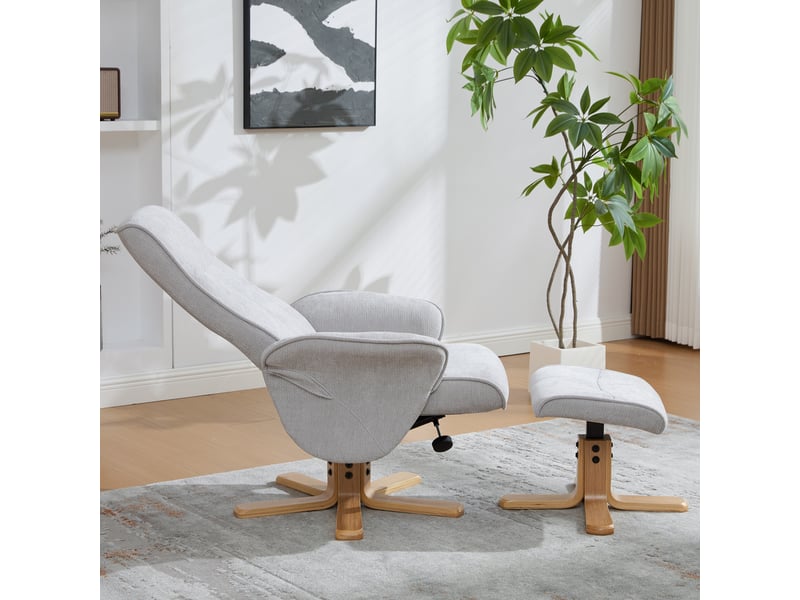 Fauteuil relax pivotant gris en tissu chenille, dossier inclinable à 145°, repose-pieds, pour salon et lecture - Conforama D