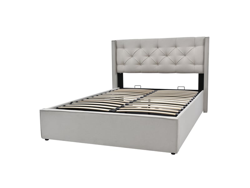  Lit coffre hydraulique 140x200cm en coton gris clair, sommier à lattes inclus, sans matelas, tête rembourrée  - Conforama A