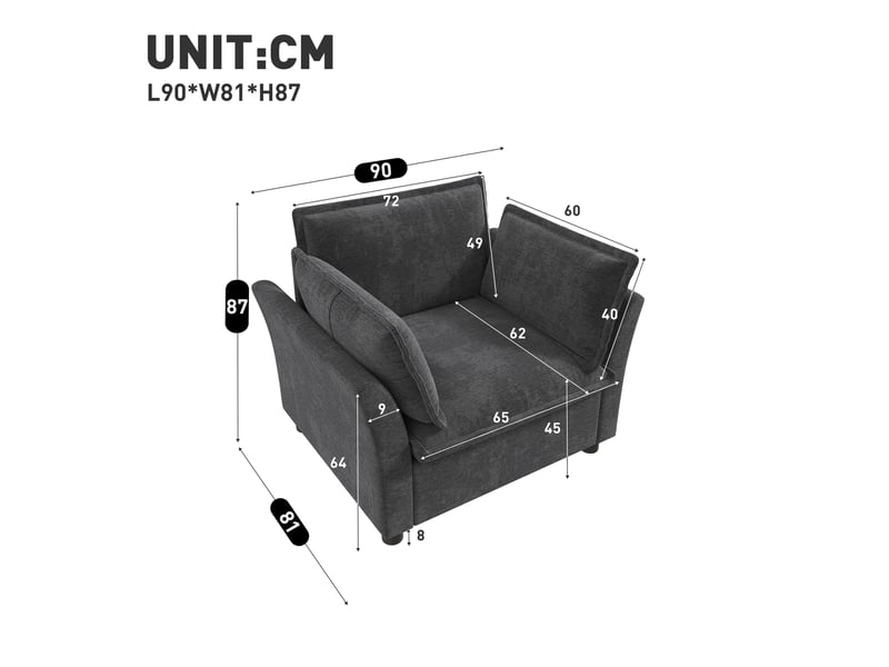  Fauteuil relax 1 place 90x81x87 cm, accoudoirs courbés, coussins amovibles, assise à ressorts, chenille gris  - Conforama C