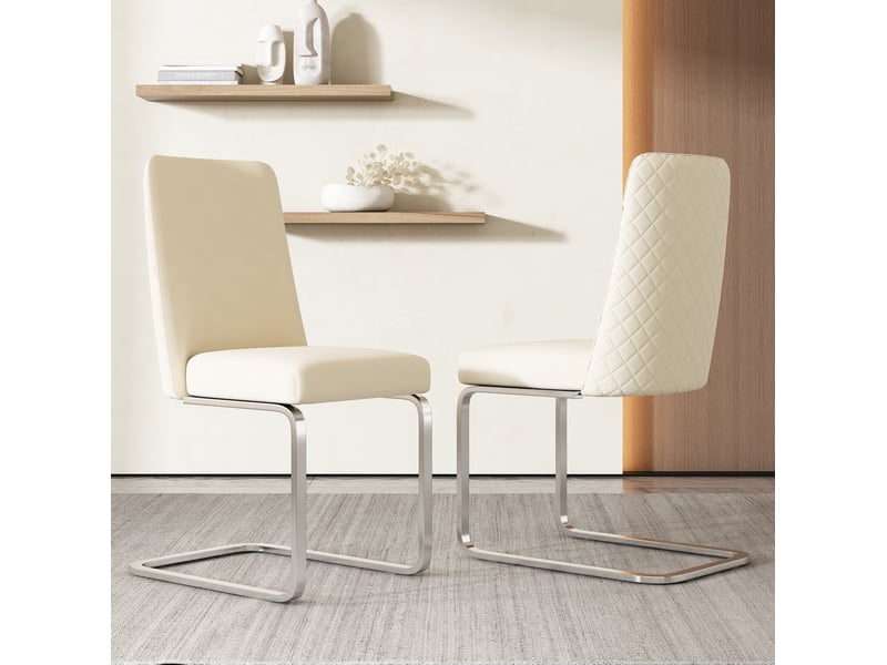  Chaise de salle à manger lot de 4 avec dossier à motif losange et pieds en métal, velours beige et argenté  - Conforama E