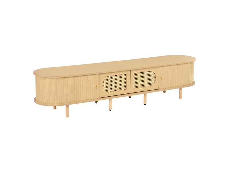  Meuble tv 180x40x40 cm naturel mdf, 2 portes et 2 portes à rideau pour téléviseur jusqu'à 75 pouces  - Conforama D