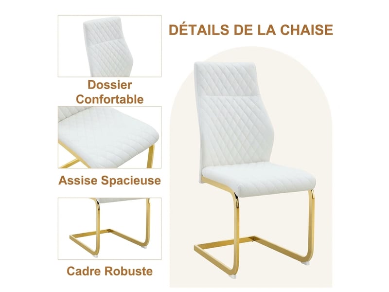  Ensemble table ronde ø85 cm et 4 chaises, verre trempé et assises blanches en pu  - Conforama D