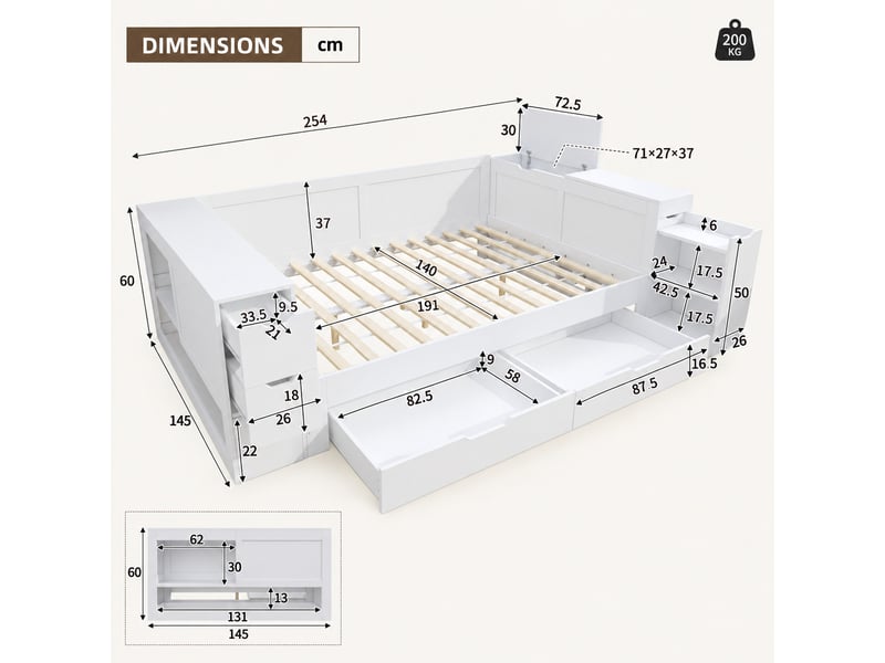  Lit coffre enfant 140x190 cm en bois avec tiroirs, étagères et rangement multifonctionnel - blanc  - Conforama C
