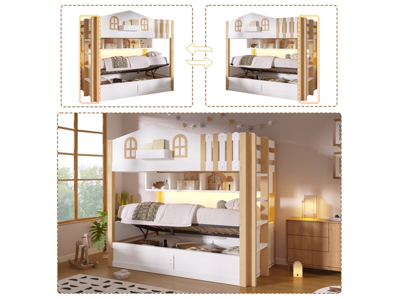  Lit superposé enfant 90x200 cm style maison avec rangement, coloris blanc et naturel  - Conforama D