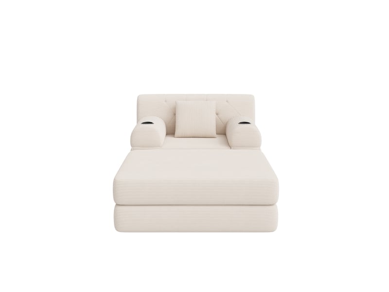  Canapé compressé convertible 1 place avec pouf, 4 poches et 2 porte-gobelets, en velours côtelé beige  - Conforama E