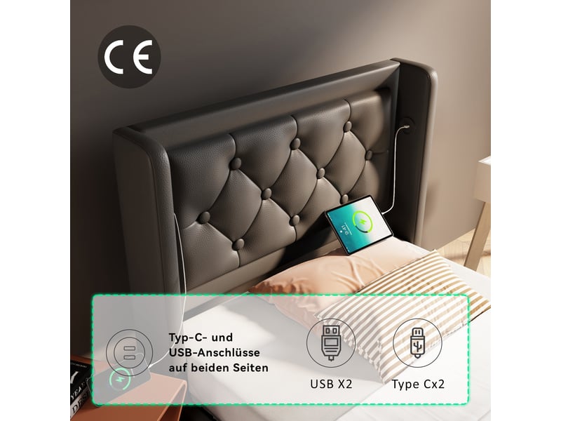  Lit 1 personne 90x200 cm avec matelas, tête de lit rembourrée avec recharge usb, lit simple led, noir  - Conforama R