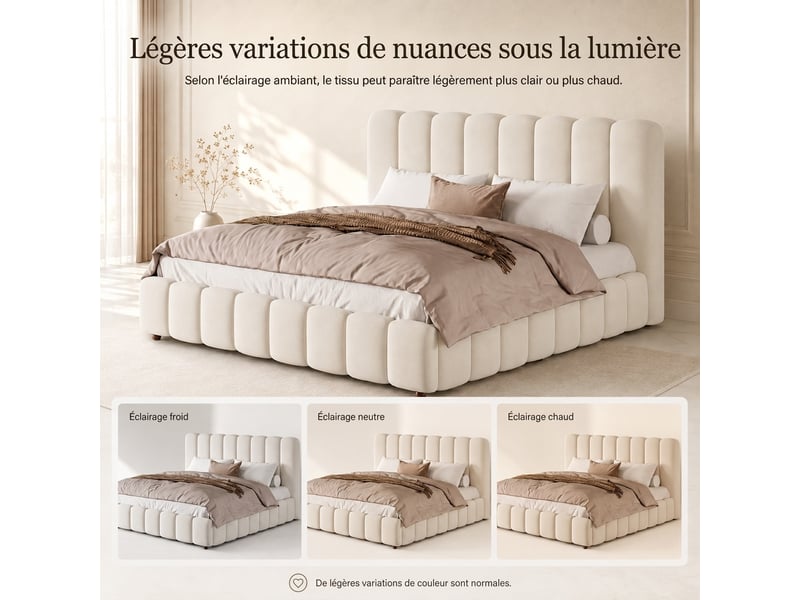  Lit coffre 160x200 lit double en velours beige avec sommier à lattes  - Conforama E