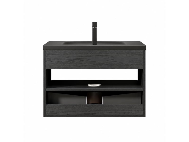  Meuble vasque suspendu 75 cm avec vasque intégrée en céramique noire mate, tiroir et étagère  - Conforama A
