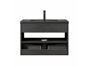 Meuble vasque suspendu 75 cm avec vasque intégrée en céramique noire mate, tiroir et étagère