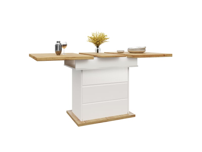  Table à manger 110-140 × 80 cm, table de cuisine pour 4 à 6 personnes, avec trois niveaux de rangement, blanc  - Conforama A