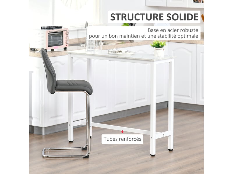  Table de bar table haute de cuisine mange-debout châssis piètement acier, plateau aspect marbre blanc 120 x 40 x 100 cm  - Conforama A