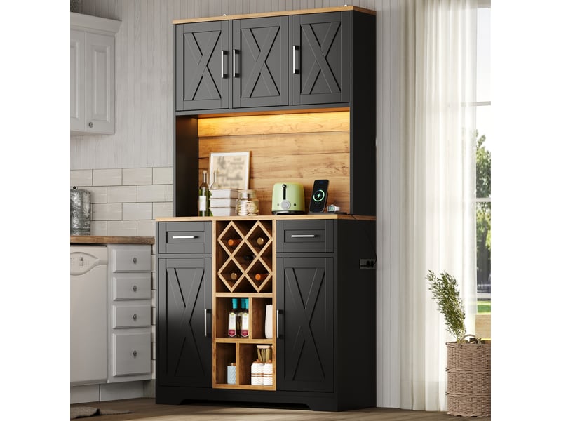  Buffet de cuisine haut avec 2 tiroirs, casier à vin amovible, led rgb et prises pour salle à manger en mdf 105×40×180 cm  - Conforama C