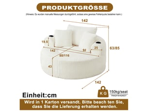 Fauteuil lounge rond 1 place en velours côtelé – beige – 3 coussins, porte-gobelets et poches latérales