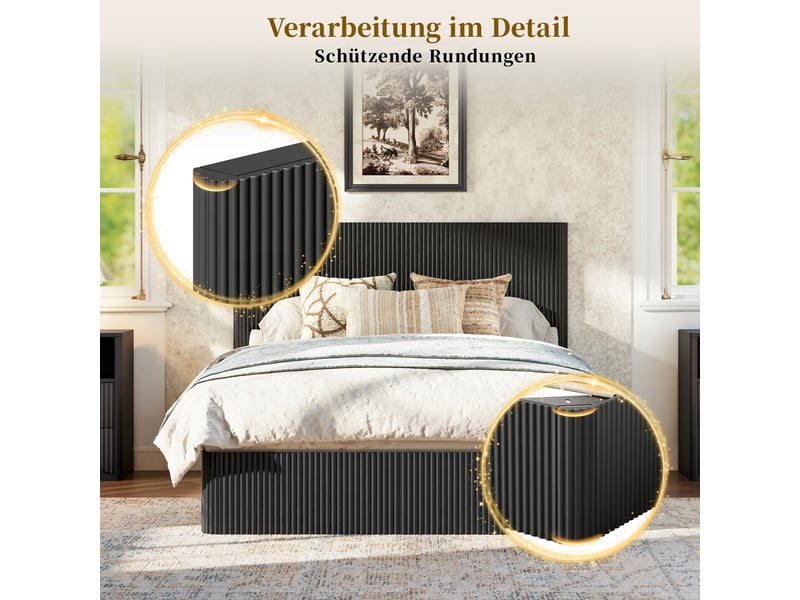  Lit double à vérins 140 x 200 cm, cadre de lit adulte avec sommier lattes, noir, lit double rembourré  - Conforama R