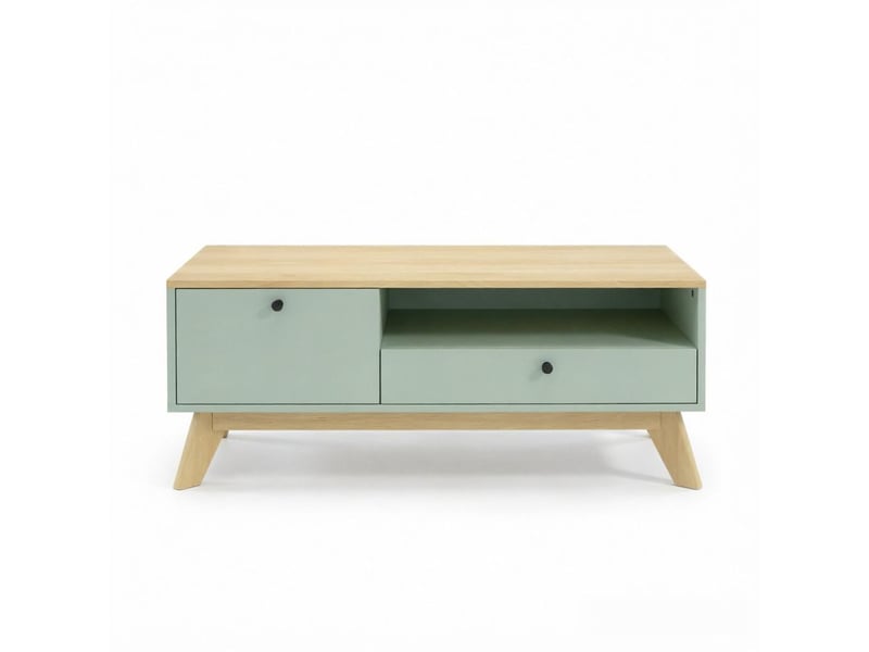  Table basse avec 1 tiroir, 1 porte et 1 niche ouverte, base surélevée 15 cm, en mdf vert clair, 100 × 50 × 40 cm  - Conforama A
