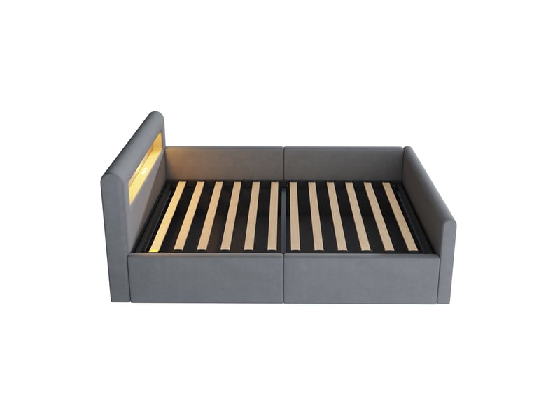  Lit enfant 90x200, velours gris clair, led, usb, étagère et rangement hydraulique  - Conforama A
