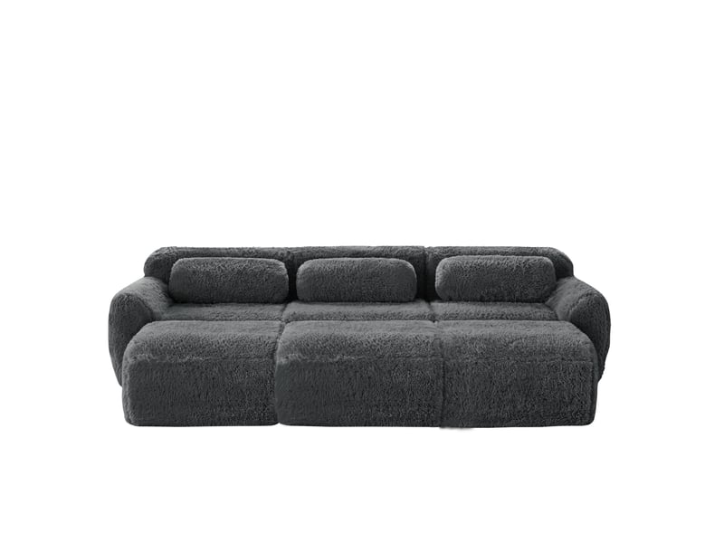  Canapé convertible modulable 3 places avec 3 ottomans en tissu peluche gris  - Conforama A
