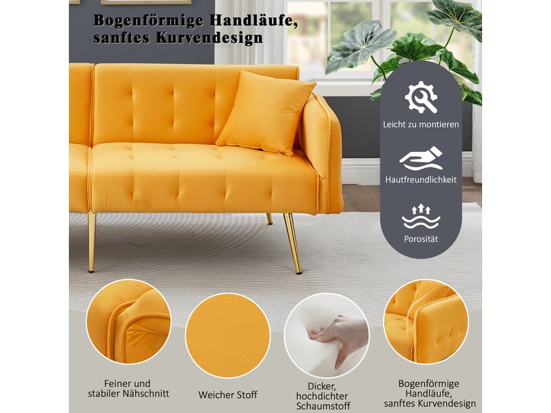  Canapé convertible 2 places jaune, canapé-lit velours avec accoudoirs réglables et dossier ajustable, design moderne pieds dorés  - Conforama R