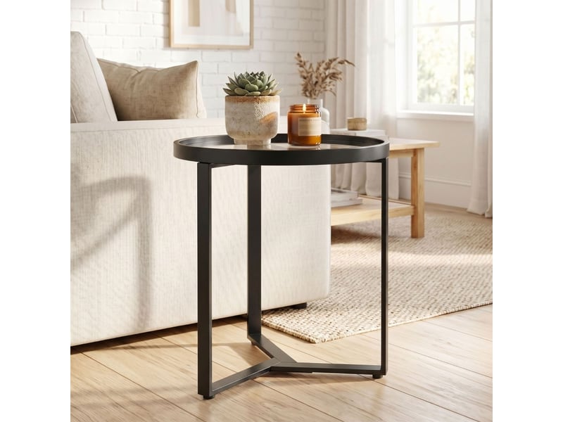  Table d'appoint plateau rond en verre trempé piètement métallique géométrique format compact coloris noir  - Conforama B