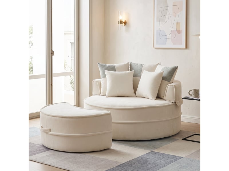  Fauteuil canapé rond chenille beige et vert pastel avec 5 coussins  - Conforama B