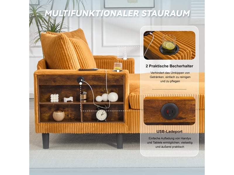  Canapé convertible en velours côtelé moutarde avec led, coffre intégré et port usb pratique  - Conforama E
