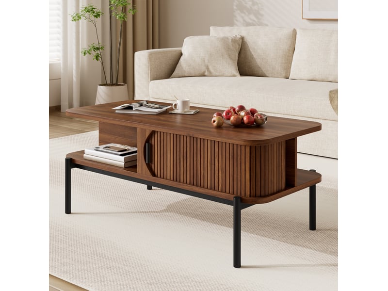  Table basse 100x45x43 cm en mdf coloris noyer avec portes coulissantes  - Conforama D